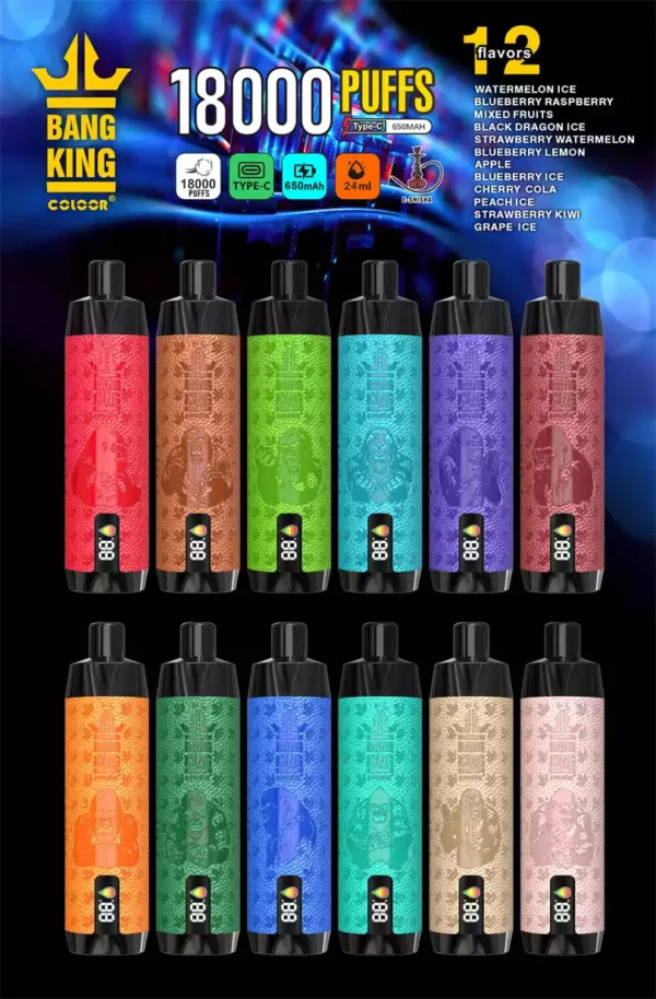 Bang King Shisha 18000 Puffs DTL Hookah Disposable Vape with Display 18K Puffs Vape Pen Electronic Cigarette Wholesale Vape Pen Bulk Buy 12 Flavors Big Cloud Type C 2