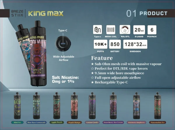 Breze Stiik King Max 10000 Puffs vienkartinis Vape Pen 20 ml talpos reguliuojamas oro srautas tinklelio ritė Didmeninė prekyba Nikotinu 0 1 2 1