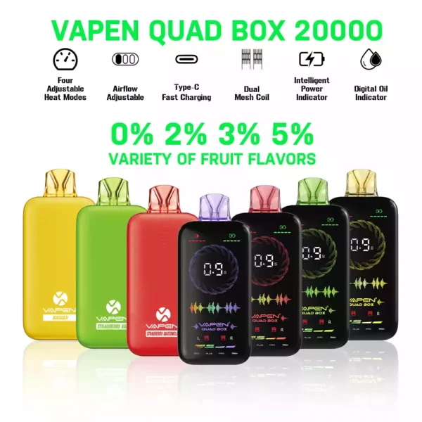 VAPEN QUAD BOX 20000 PUFFS Adjustable Airflow Rechargeable 2 5 Low Nicotine Wholesale Disposable Vape Full Screen Display 12