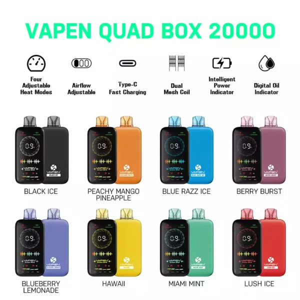 VAPEN QUAD BOX 20000 PUFFS Adjustable Airflow Rechargeable 2 5 Low Nicotine Wholesale Disposable Vape Full Screen Display 9