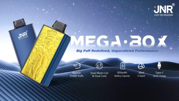 Premium JNR Mega Box 25000 Puffs Disposable Vape 0% 2% 3% Nicotine 30ml E-liquid and 850mAh Battery Capacity Type-C Quick Charge Available for Bulk Orders (3)